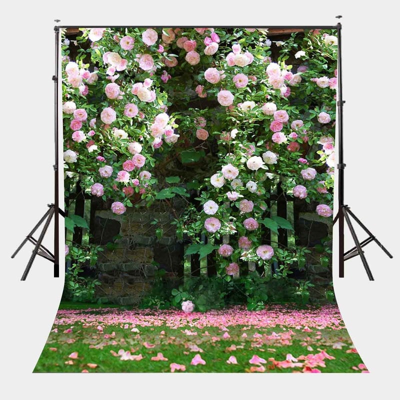 LYLYCTY 5x7ft Nature Scenery Backdrop Millennial Pink Flower Wall Green Leaves Photography Background A Vibrant Garden Backdrop LYLX008 - Image 1